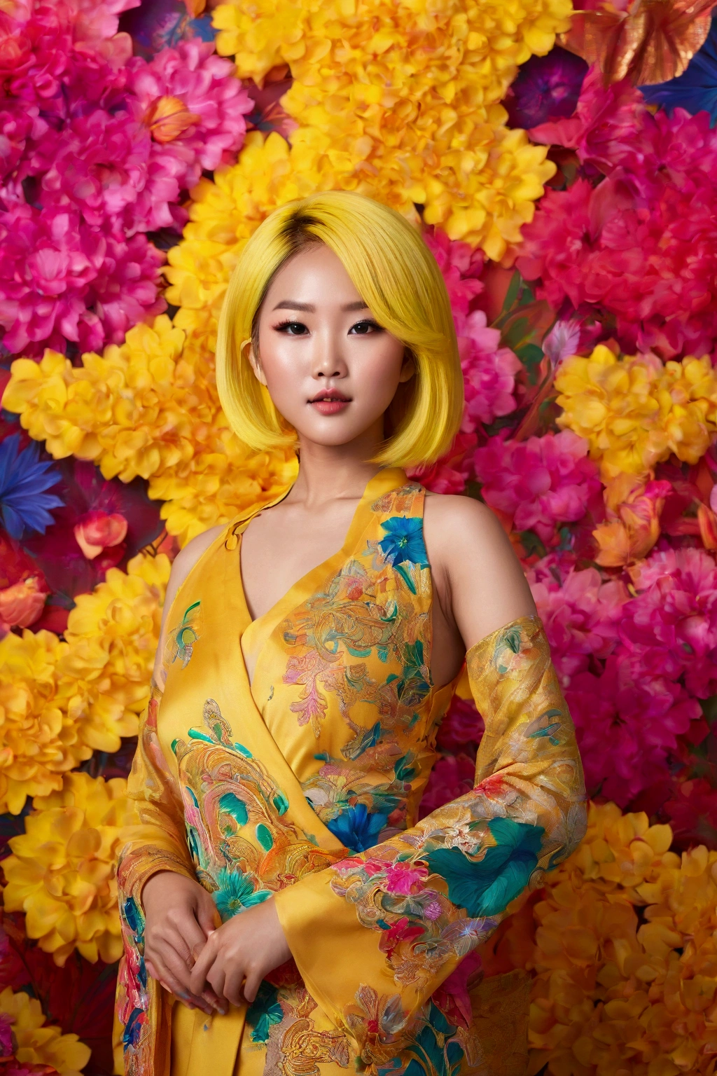 A stunning Asian girl with yellow hair strikes a seductive pose. She’s surrounded by a breathtakingly colorful backdrop, filled with vivid hues and beautiful, artistic details that create a mesmerizing and enchanting environment.
