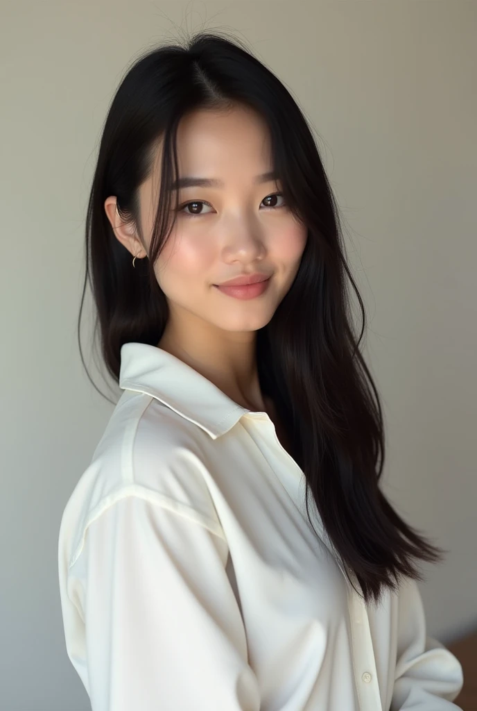 Create a woman taking an Instagram profile picture with a white blouse and long straight black hair