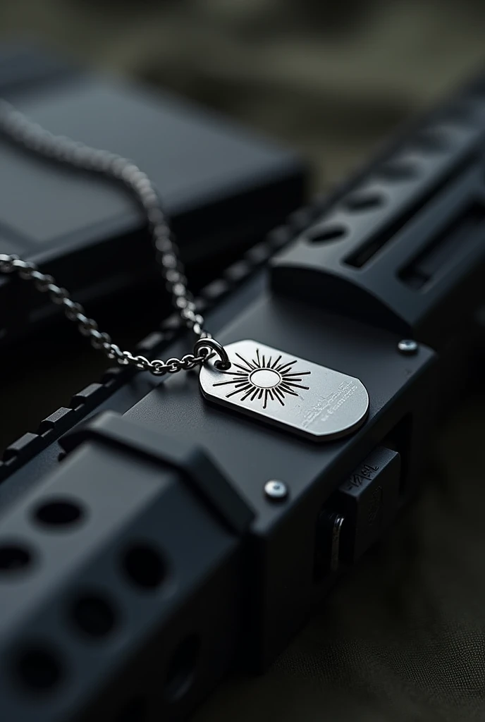 create an image of a minimalist sun necklace and a military dog tag on top of a military weapon 