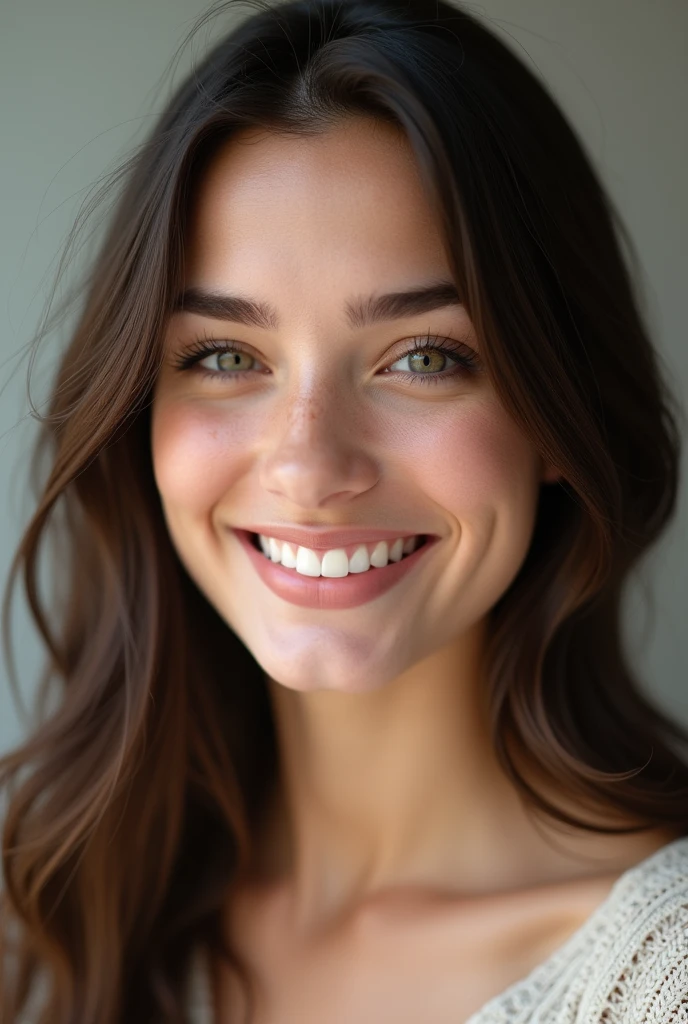 brunette woman, 22 years, frontal photo, natural look, europea, perfect teeth, without makeup, teeth aligned straight and close together, textured skin,  (best quality,4k,8k,highres,masterpiece:1.2),ultra-detailed,(realistic,Photorealistic,photo-realistic:1.37), natural skin