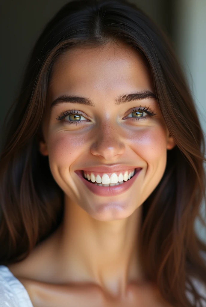 brunette woman, 22 years, frontal photo, natural look, europea, perfect teeth, without makeup, teeth aligned straight and close together, textured skin, (best quality,4k,8k,highres,masterpiece:1.2),ultra-detailed,(realistic,Photorealistic,photo-realistic:1.37), natural skin