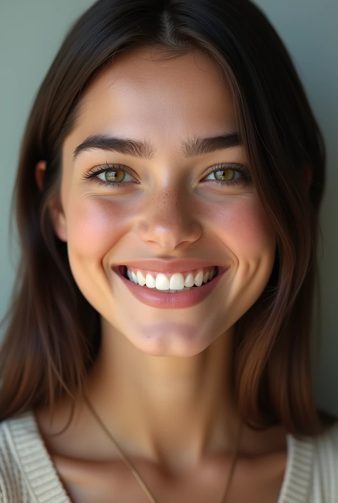 brunette woman, 22 years, frontal photo, natural look, europea, perfect teeth, without makeup, teeth aligned straight and close together, textured skin, (best quality,4k,8k,highres,masterpiece:1.2),ultra-detailed,(realistic,Photorealistic,photo-realistic:1.37), natural skin