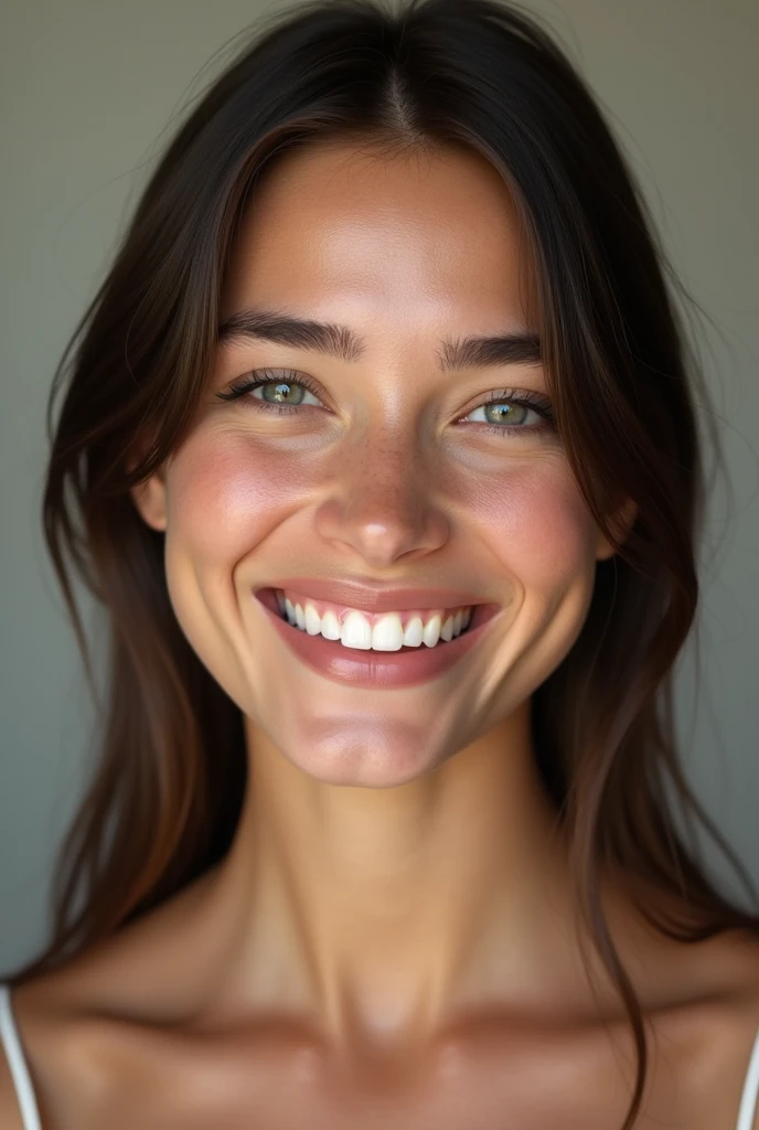 brunette woman, 22 years, frontal photo, natural look, europea, perfect teeth, without makeup, teeth aligned straight and close together, textured skin,  (best quality,4k,8k,highres,masterpiece:1.2),ultra-detailed,(realistic,Photorealistic,photo-realistic:1.37), natural skin