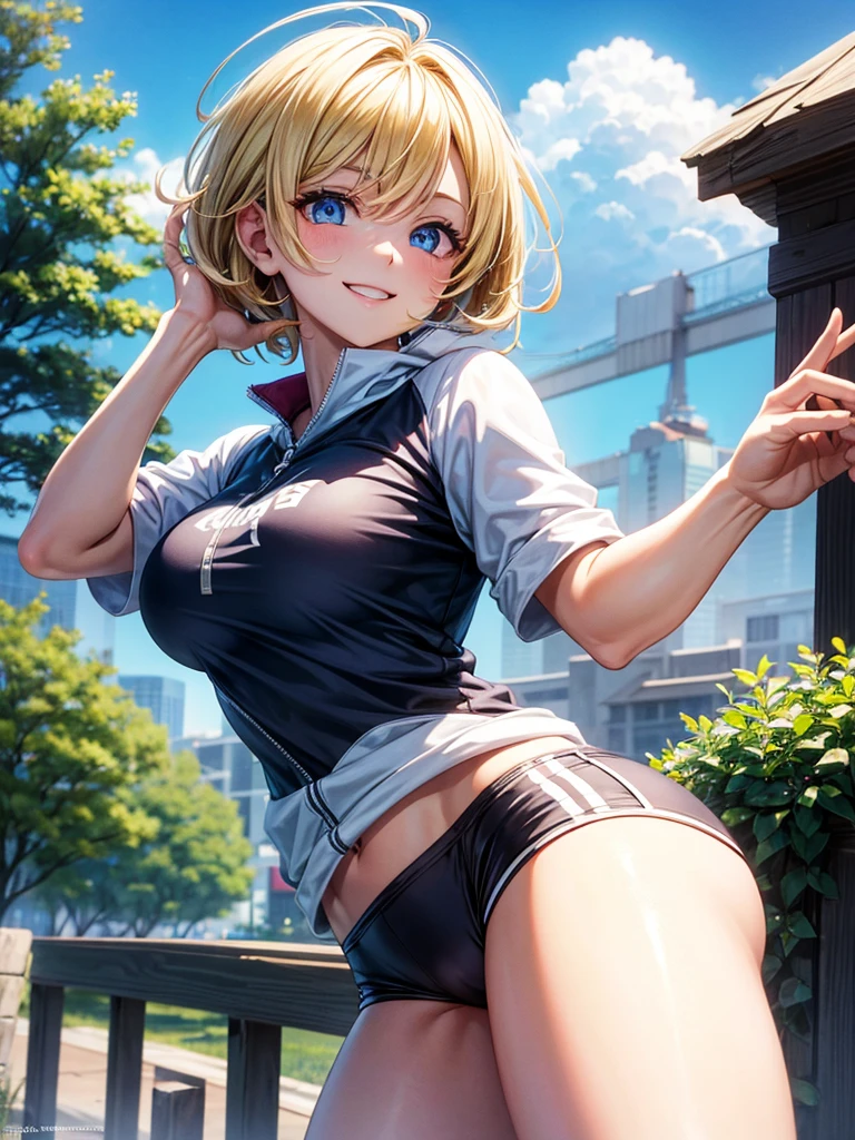 Anime style, super fine illustration, highly detailed, beautiful detailed, happy expression, the pretty image, a handsam portrait, 8k, pretty 1girl with blonde straight short hair & blue eyes & a bright smile & big breasts & soft fair skin is wearing the black skportswear  & sportshorts & sportsjaket in the park, in the morning, happy stories, solo, perfect fingers, perfect arms, perfect legs, masterpiece.