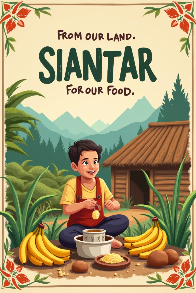Poster with the theme of local food (Siantar/North Sumatra) with some tulisan word "From our land, for Our Food" 
(With a 1 people eat food or fruit, like banana, potato anything, have some  vegetable ) with background home 