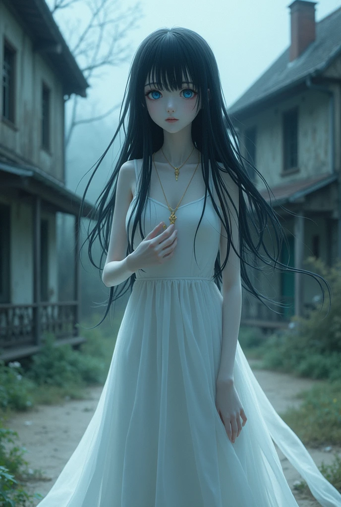 Create an animated image of a beautiful ghost girl, with white skin, blue eyes, long, flowing black hair, dressed in a simple white floor-length dress and holding a golden necklace on her chest, with an old house in the background.