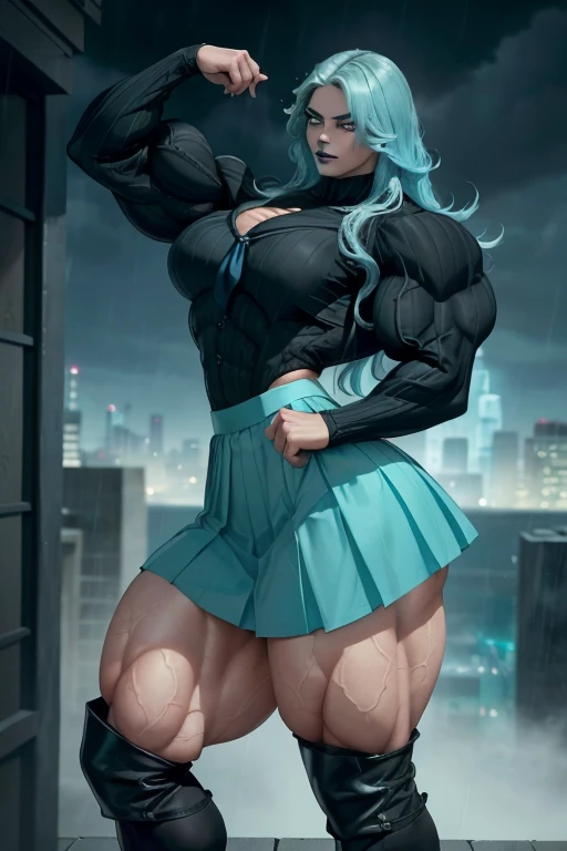 ((Close-up)), tall, (cyan hair) beautiful muscular woman, long beachy hair, pale white skinned, closed smile, (black lipstick), (massive muscles), (hyper muscle), (ginormous bulky muscles), purple eyes, ((long sleeve cyan pleated shirt)), ((long black pleated skirt)), (sensual pose), necktie, boots, (on a raining rooftop),