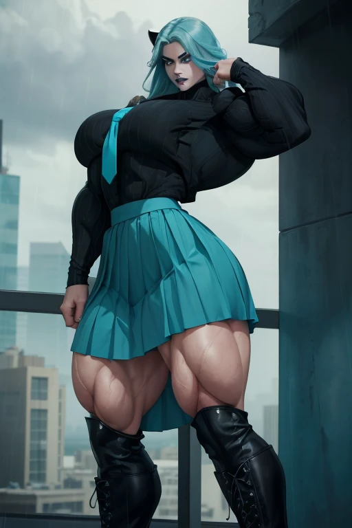 ((Close-up)), tall, (cyan hair) beautiful muscular woman, long beachy hair, pale white skinned, closed smile, (black lipstick), (massive muscles), (hyper muscle), (ginormous bulky muscles), purple eyes, ((long sleeve cyan pleated shirt)), ((long black pleated skirt)), (sensual pose), necktie, boots, (on a raining rooftop), 