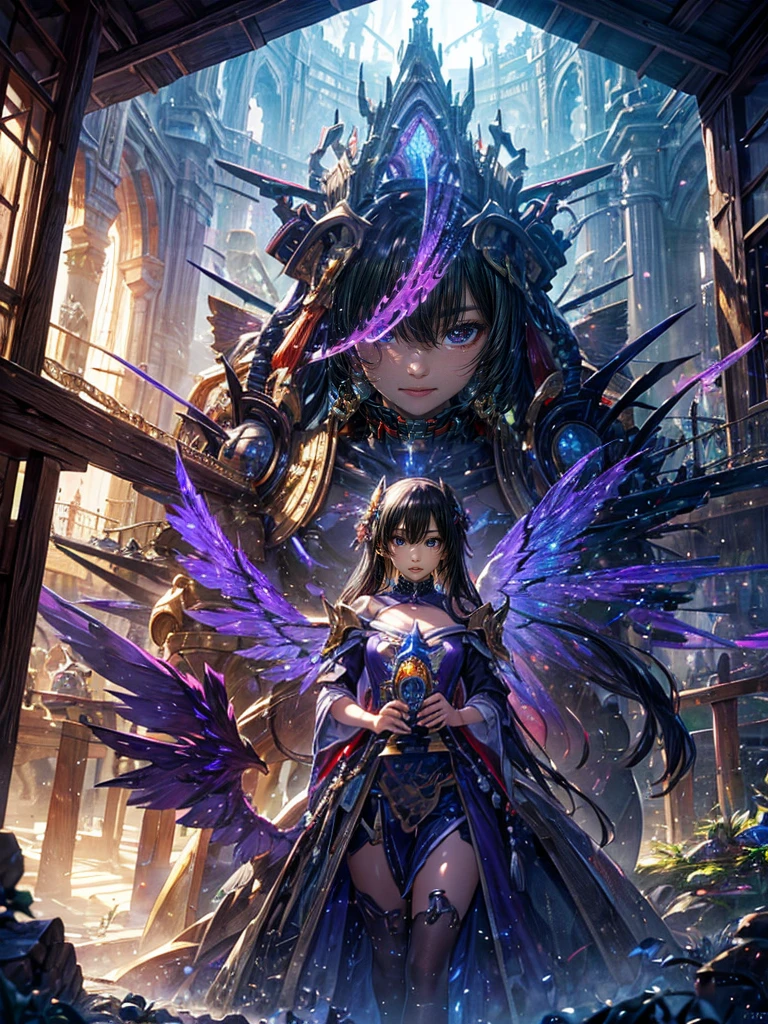 High resolution, Winner of numerous awards, Ultra high definition, Textured skin, Retina,
masterpiece,(bestquality),(Kūdō Rinne)(fantasylandscape:1.2,natural lighting:1.5,confidentexpression),(panorama:1.2),mecha, smile,angle、chrome,raw(Beautiful black-haired girl)(Purple Alchemist)Angel's wing