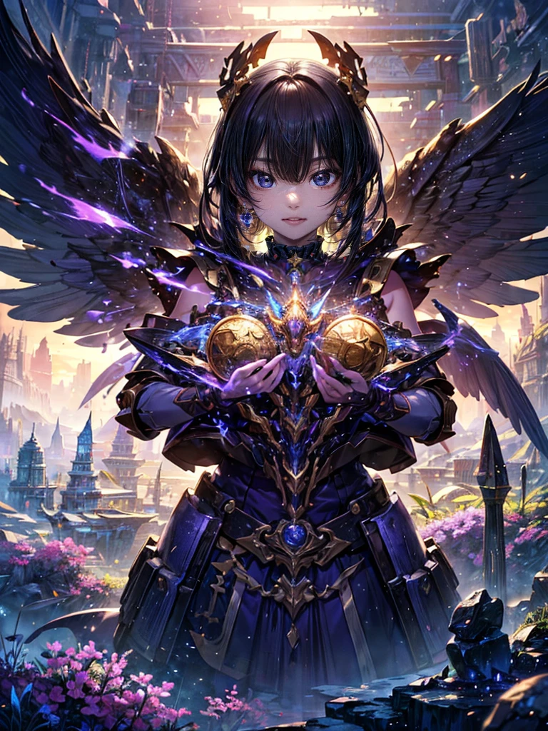 High resolution, Winner of numerous awards, Ultra high definition, Textured skin, Retina,
masterpiece,(bestquality),highlydetailed,ultra-detailed,1girl, ()(robot)(fantasylandscape:1.2,natural lighting:1.5,confidentexpression),(panorama:1.2),mecha, smile,angle、chrome,raw(Black Hair、Angel Beautiful Girl:1.5)(美しい花束💐を手に持つ、Point it at me:1.6)(Machine Angel)Angel's wing、花束💐を持つ(holding a bouquet of flowers in both hands💐:1.5)
