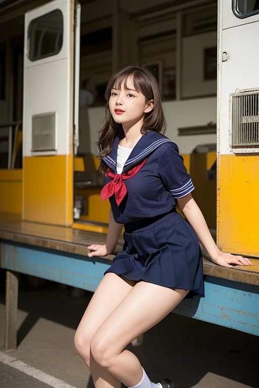 (Sailor suit), (Navy pleated mini skirt), (sneakers), Adorable, Cute Japanese Girl, , 18-year-old, Large and fine eyes, Droopy eyes, Face Focus, (Small breasts), (Cleavage:1.0) , (Low contrast,Capture the light:1.0), (Very detailed肌), (Highest quality:1.0), (Super A High Resolution:1.0) ,(Realistic:1.0), (Very detailed:1.0), (8k, RAW Photos:1.1),( Out of breath expression:0.8),(Looking at the audience:1.3), (She is leaning against a pillar with her legs spread.:1.5), ponytail:1.5, Crowded train, There are many passengers around