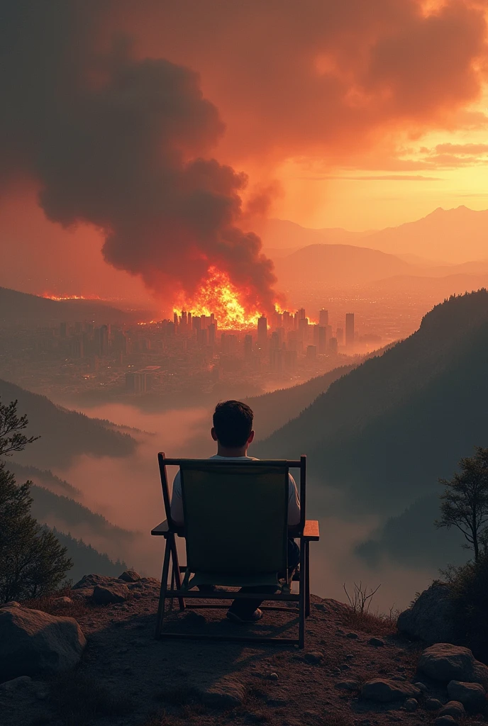 Take a picture of a man sitting in a beach chair, seeing a forest on fire in the background, the city is completely destroyed, the weather is dark and red from so much fire. The man is seeing the city from far away, on top of a mountain.