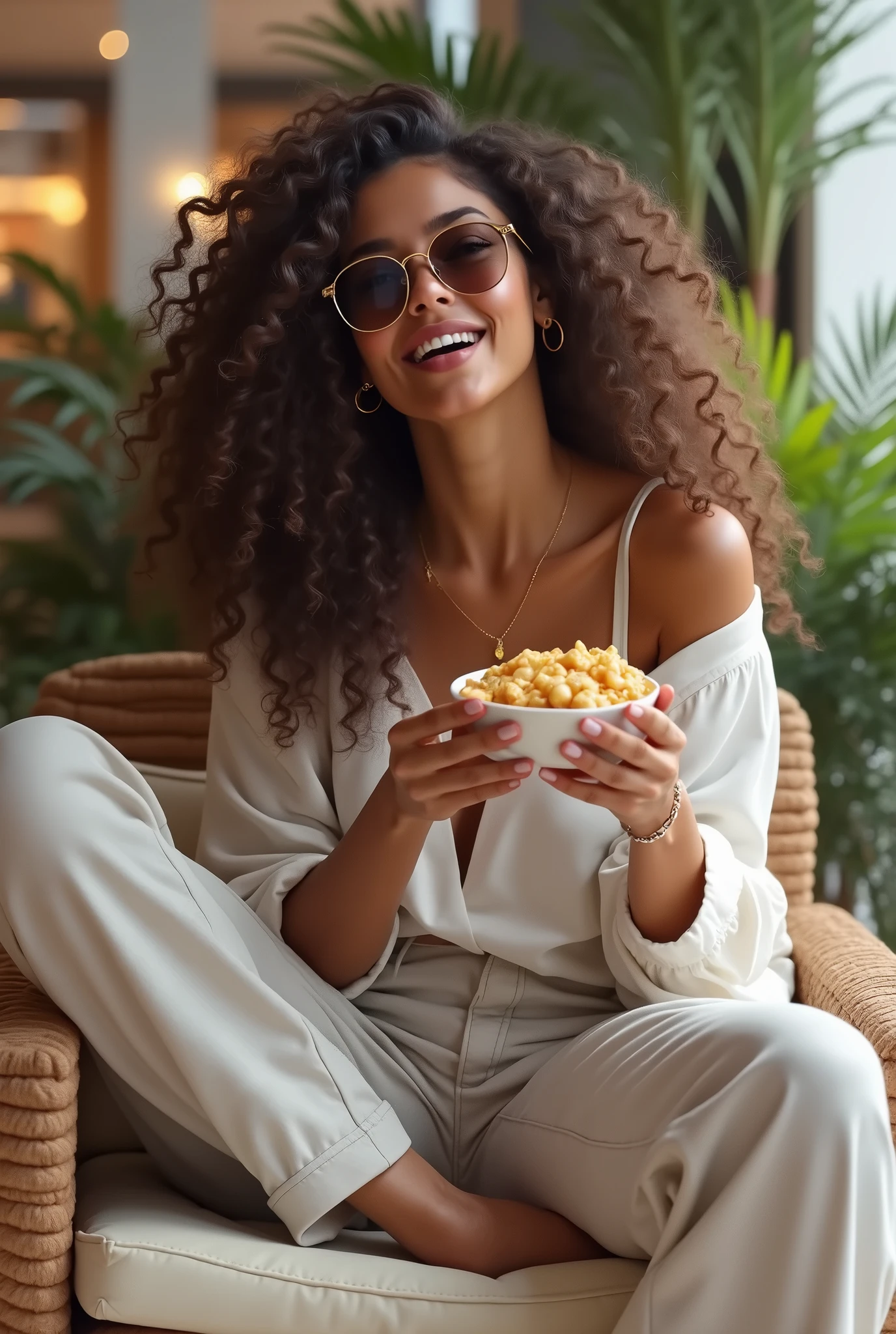 (photorealism:1.2), beautiful woman, curly hair, enjoying snacks, at mall, wearing sunglasses, relaxed pose, realistic, intricate details, warm colors