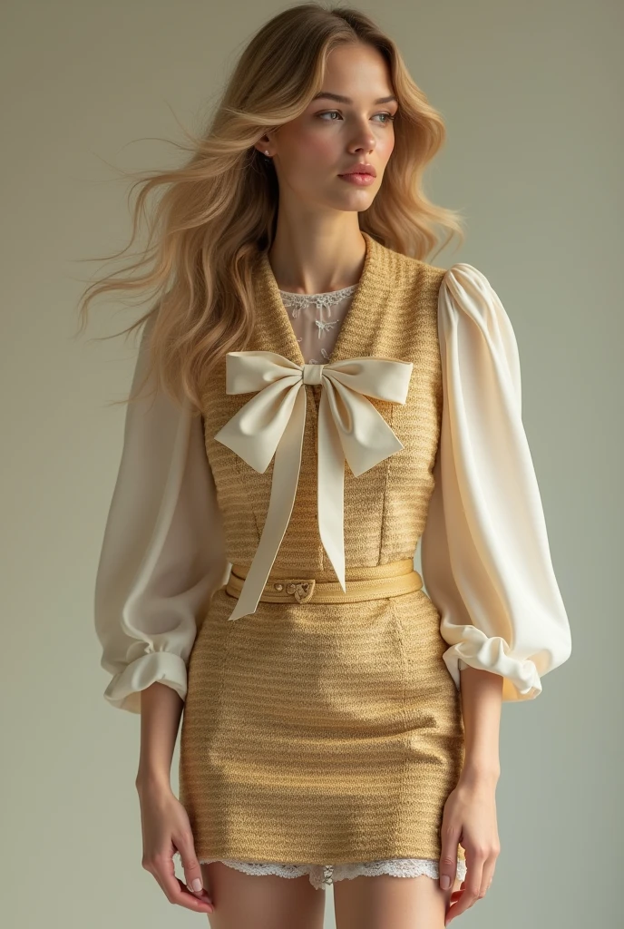 European female model wearing short gold tweed dress with lace blouse underneath and bow 
