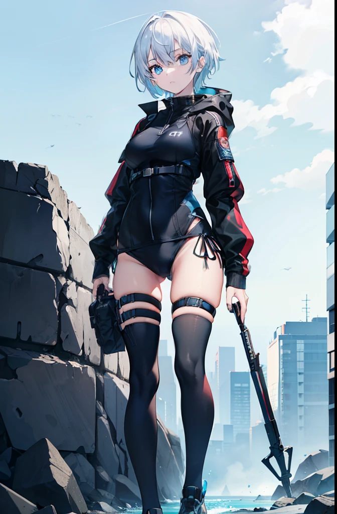 1girl, older, full body, techwear one piece bikini, thigh highs, white hair, blue eyes, ultrasharp, short hair, 8k, looking at viewer