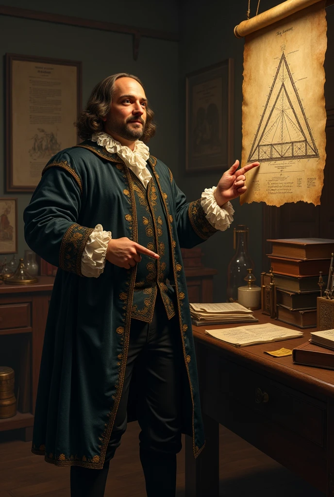 (Fermat with a drawn triangle)
Fermat: Meanwhile, I proposed that light always follows the fastest path between two points. That explains the refraction!