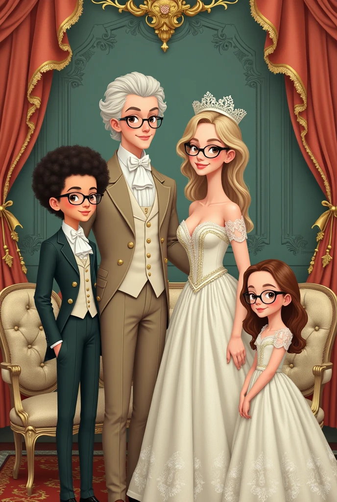 Rococo style illustration of a white couple, Black curly haired boy with glasses next to a straight haired girl with glasses