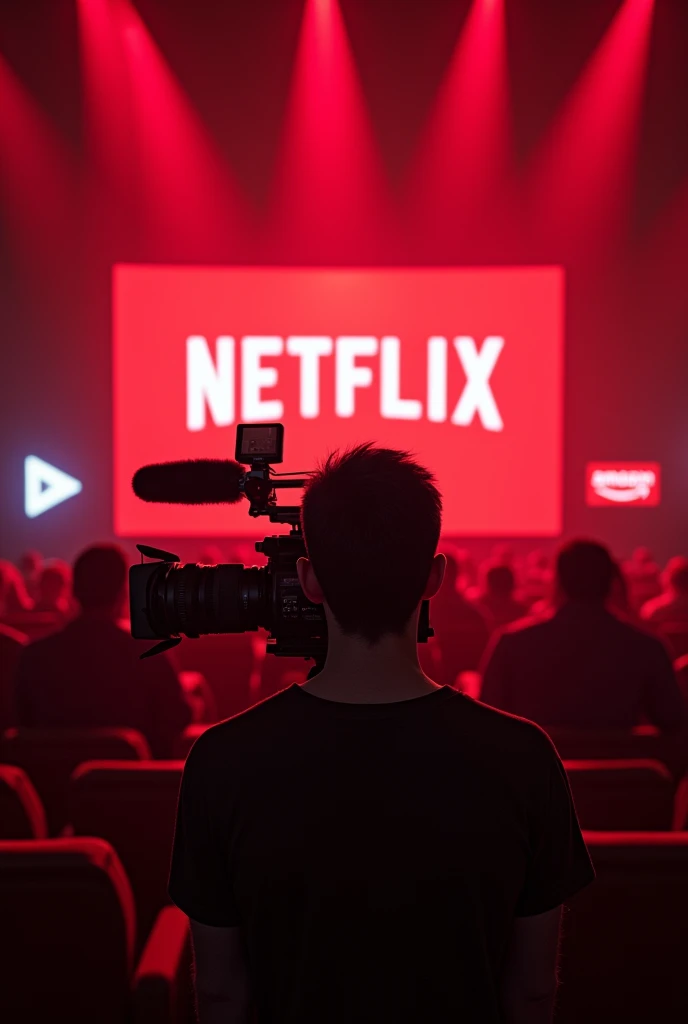 Create an image with a camera recording in the cinema with a background with red rays and also in the background the Netflix symbol AND also the Prime Video symbol and the play symbol