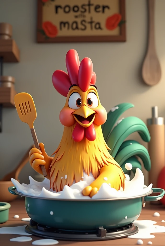 A 3d anime photo, of a live rooster, taking a bath in a pan on the stove and scrubbing with a spatula. A sign says TODAY THERE IS ROOSTER WITH PASTA IN MADUREIRA 
