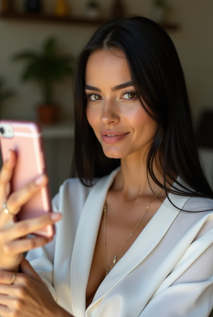 Create a Brazilian woman taking a photo for Instagram profile with a white blouse and long straight black hair 