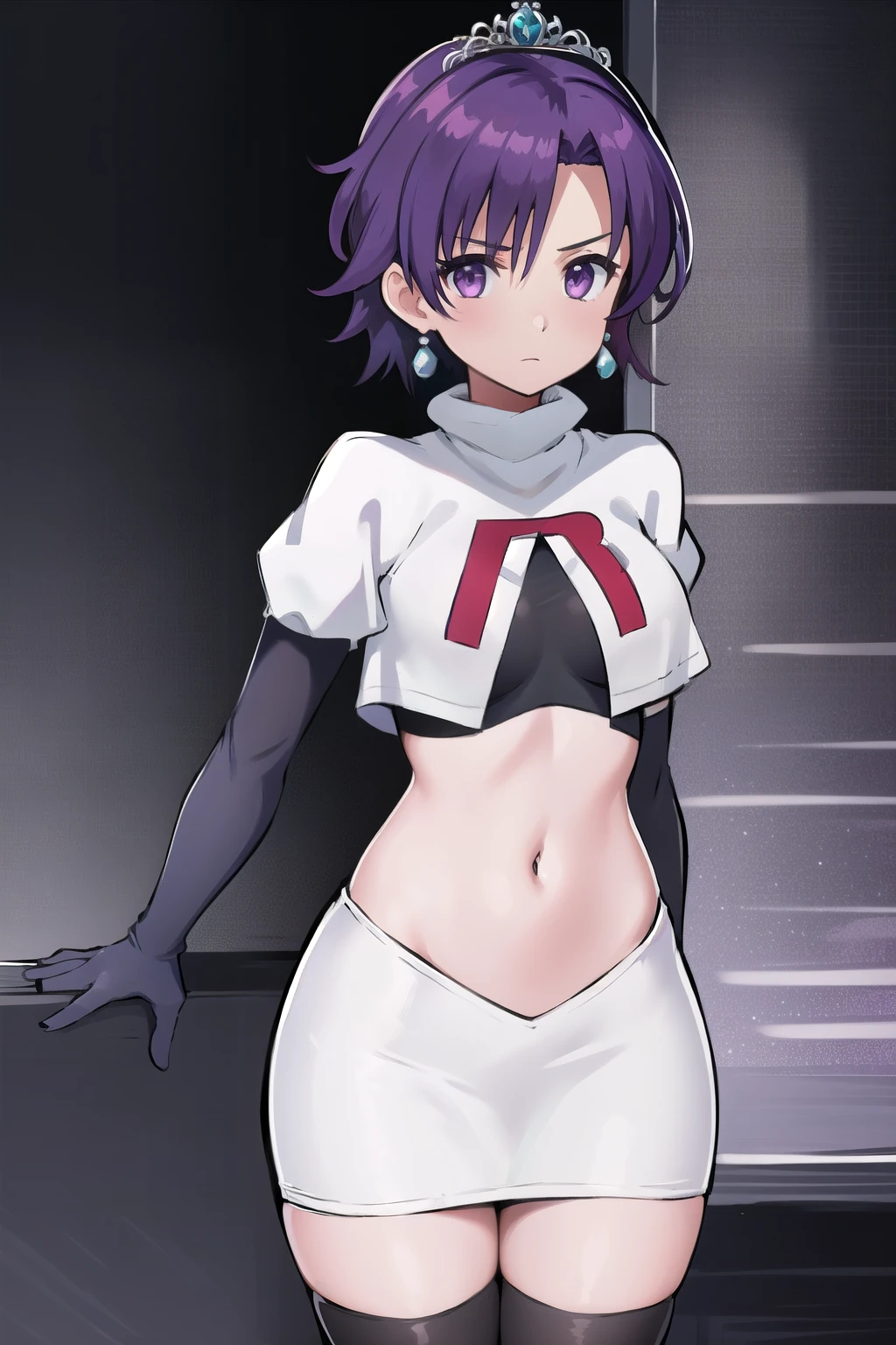 best quality, (masterpiece:1.2), illustration, absurdres,
(1girl, solo), (beautiful detailed girl), 
Klaudia von Auslese, purple_hair, short_hair, purple_eyes, small_breasts, timid, (shy:0.8),
jewelry, earrings, silver tiara, team rocket,team rocket uniform,white skirt,red letter R,crop top,black thigh-highs,black elbow gloves, looking at viewer,
