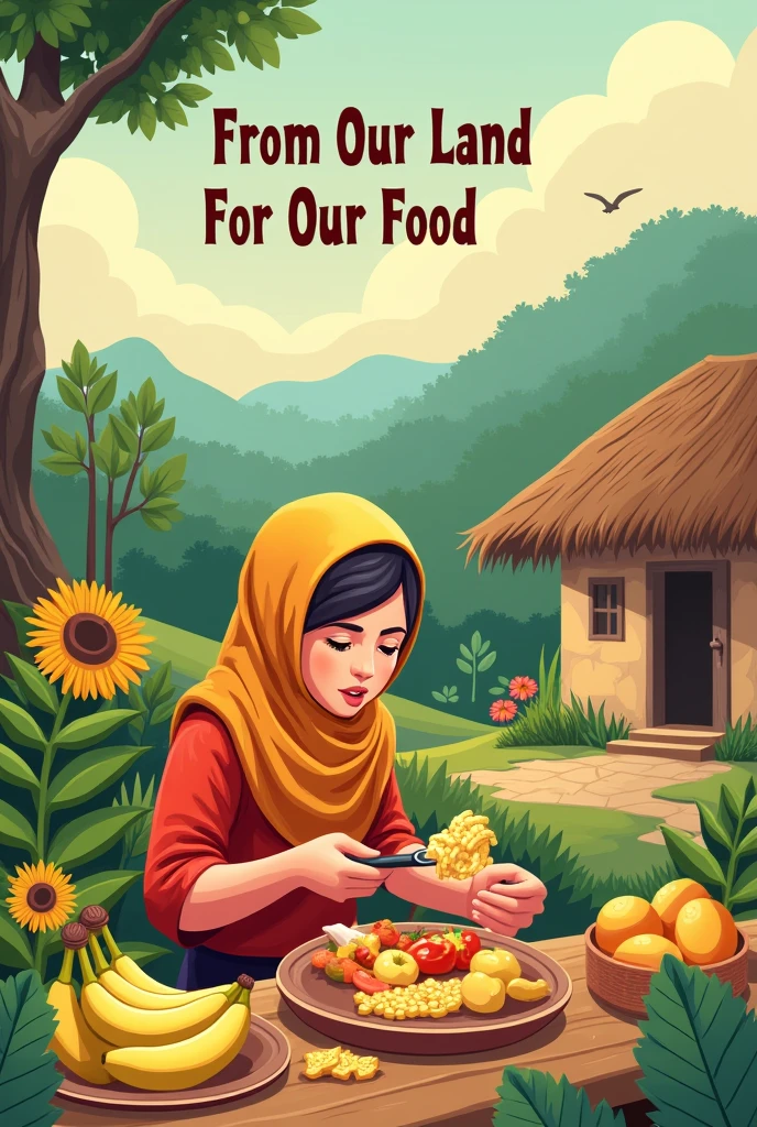 Poster with the theme of local food Siantar/North Sumatra with some word "From our land, for Our Food"
(With a 1 people eat food or fruit, like banana, potato anything, have some vegetable ) with background home