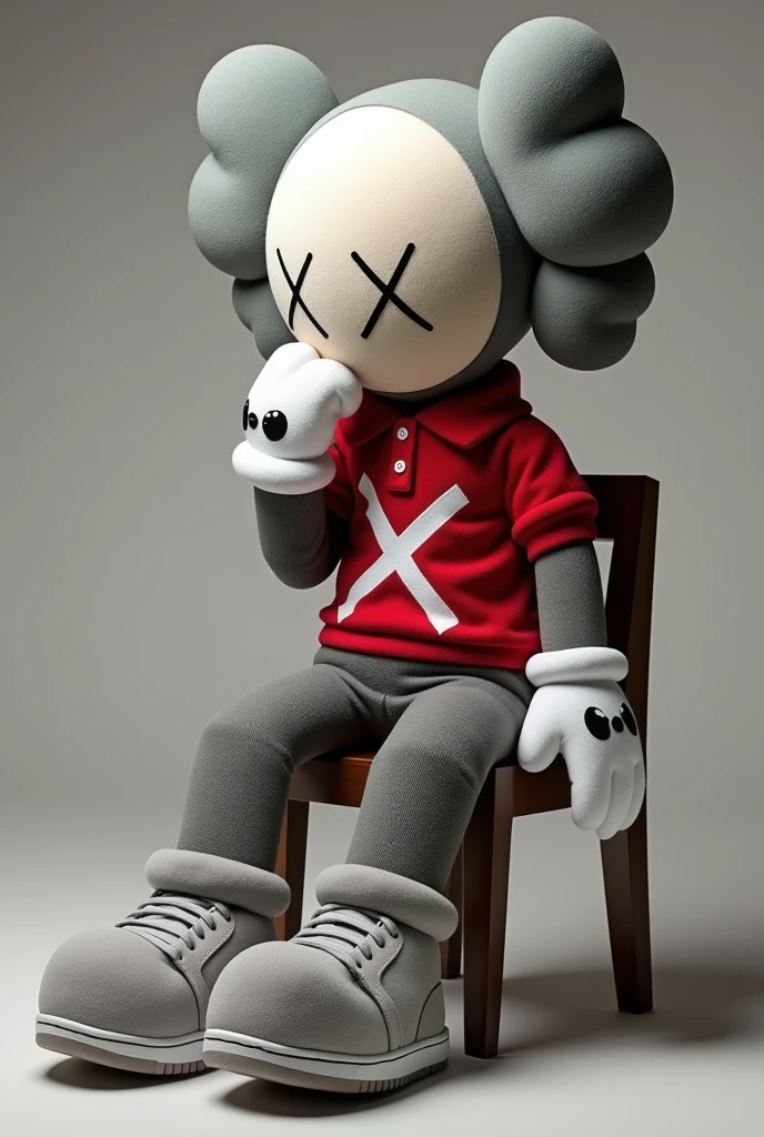 A shot of a gray Kaws style plushie of a seated figure with one leg raised. The figure is sitting sideways and has a large X on the chest. He is dressed in a red and white polo shirt and a pair of Nike sneakers. The background is simple. Sentado en una silla en posición de lado