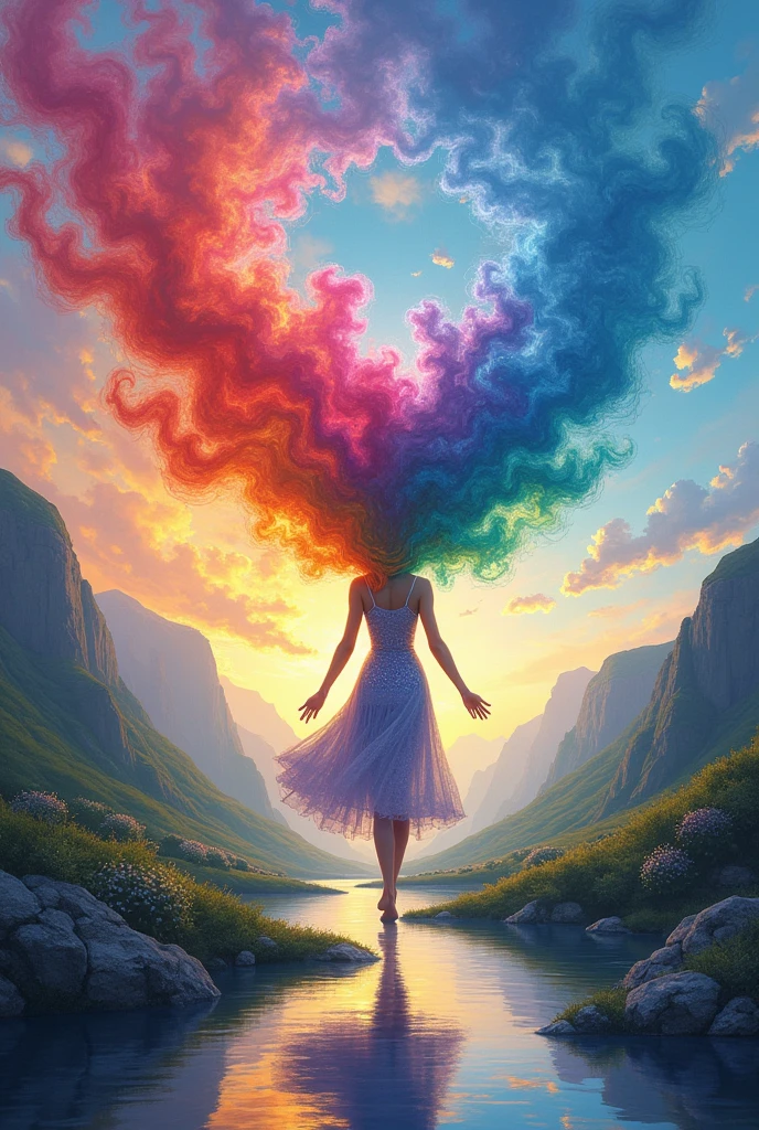 Create a landscape with this phrase.
 She&#39;s a rainbow She comes in colors everywhere She combs her hair It&#39;s like a rainbow She combs her hair She comes in colors
