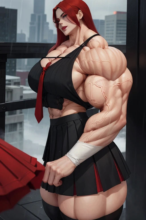 ((Close-up)), tall, (red hair) beautiful muscular asian woman, long hair, pale white skinned, closed smile, (black lipstick), (massive muscles), (hyper muscle), (ginormous bulky muscles), yellow eyes, ((long sleeve red pleated shirt)), ((long black pleated skirt)), necktie, boots, (on a raining rooftop), 