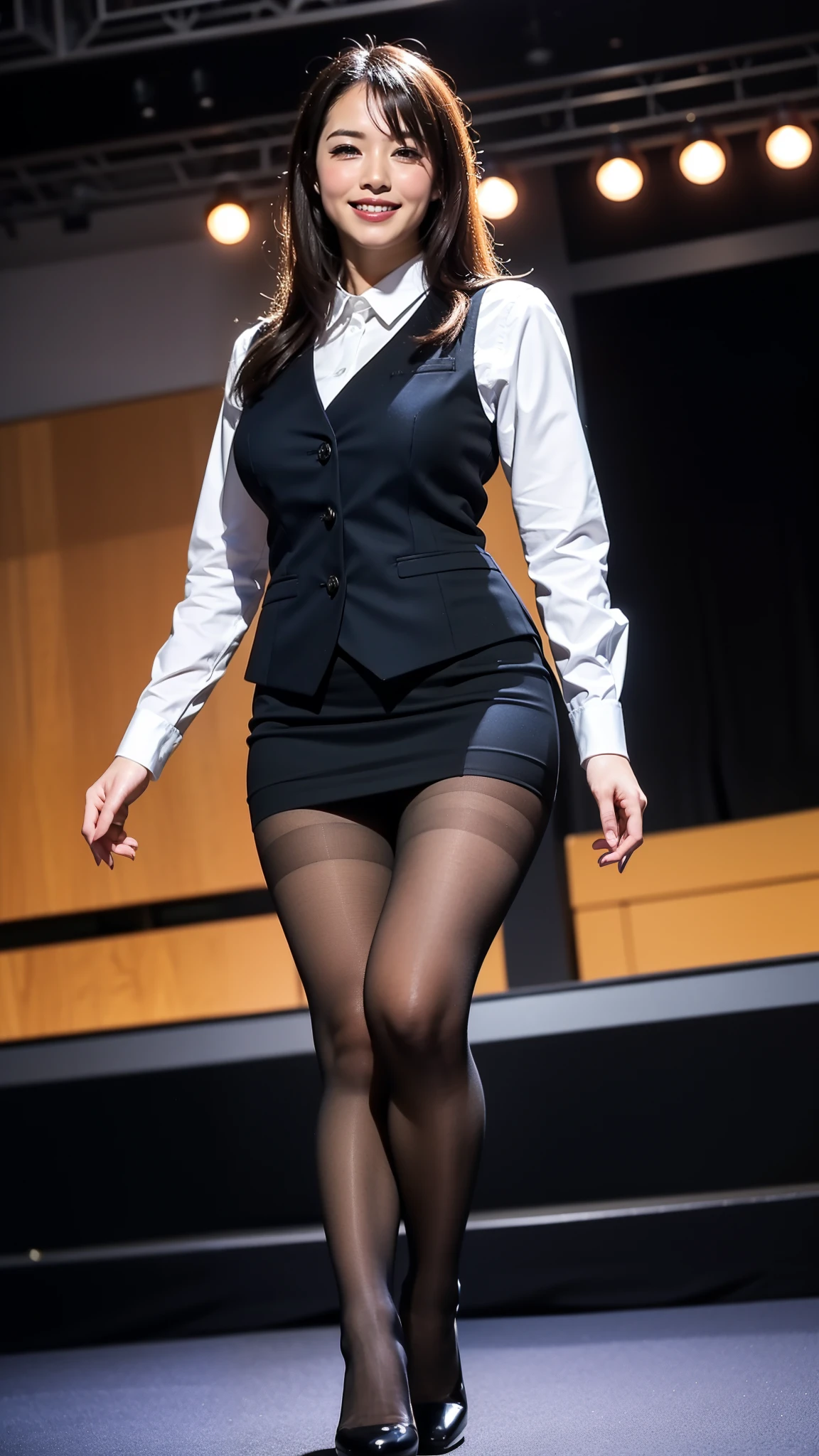 run-6500-v1.1, (RAW Photos:1.2), (Realistic), (Genuine:1.4), 1Mature Woman、Perfect Anatomy, Age 48, Looking into the camera, Shoulder-length straight hair, White business shirt, Black business vest, (Ultra-realistic black pantyhose:1.2), (黒のハイHeel), (Business services), ((Full Body Shot:1.2)), (A very loving smile:1.2), mini skirt, Skirt that is sliding up, I can almost see your ass:1.3, Heel, Are standing, One person, stage:1.6, ((stageを上がる:1.4)), Rear view, Beautiful long legs, Shooting from below:1.3, Big Ass, Black Pantyhose