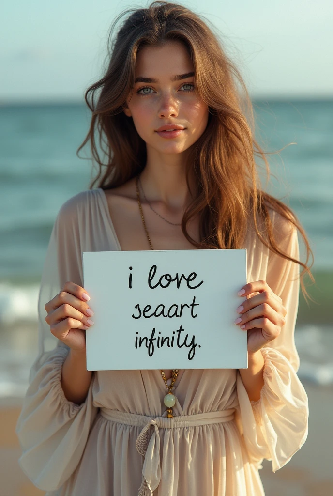 Beautiful girl with wavy long hair, bohemian dress, holding a white board with text "I Love Seaart Infinity" and showing it to the viewer