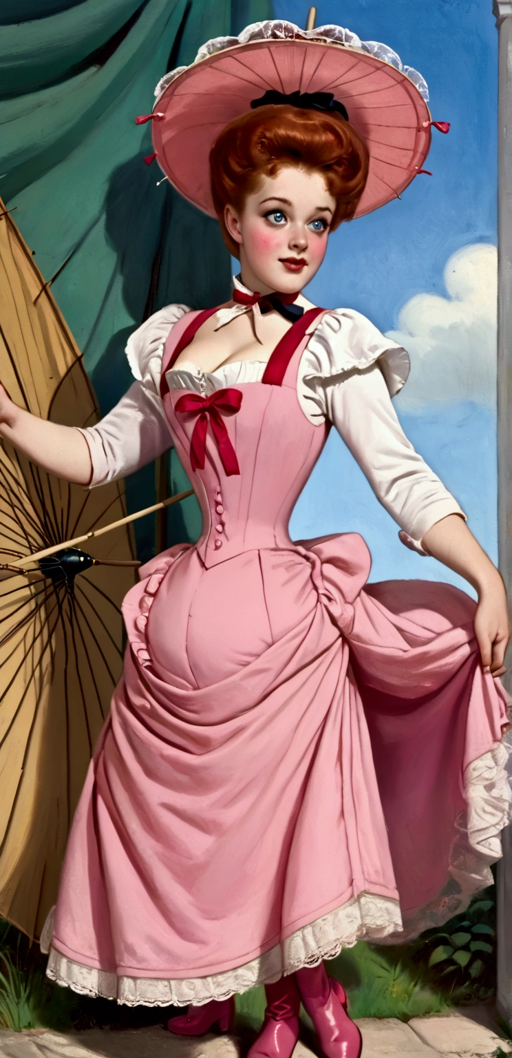 A sexy 12yo redhead girl flirting with a dirty 69yo gentleman, daintily standing on her parasol. Year 1890. 1890_dr3ss. Sleeveless red dress with pink straps, wide-brimmed hat topped with mauve flowers, sash around her waist, knee-length skirt, white petticoats, mauve silk stockings, pink boots. Big blue eyes. Large bosom, wasp waist, bubble butt. Full body