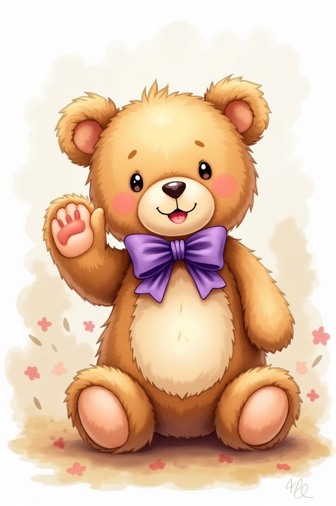 Very cute watercolor teddy bear waving with a purple bow around his neck