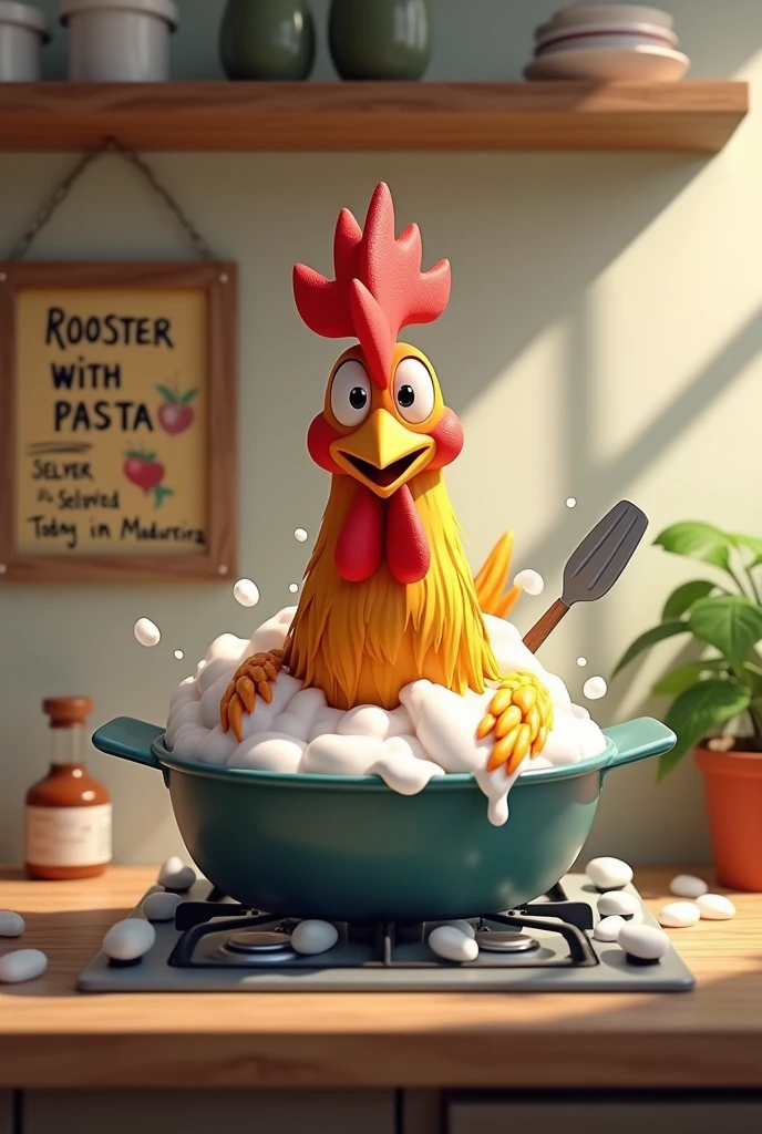 A 3d anime photo, of a live rooster, taking a bath in a pan on the stove and scrubbing with a spatula. A sign says TODAY THERE IS ROOSTER WITH PASTA IN MADUREIRA