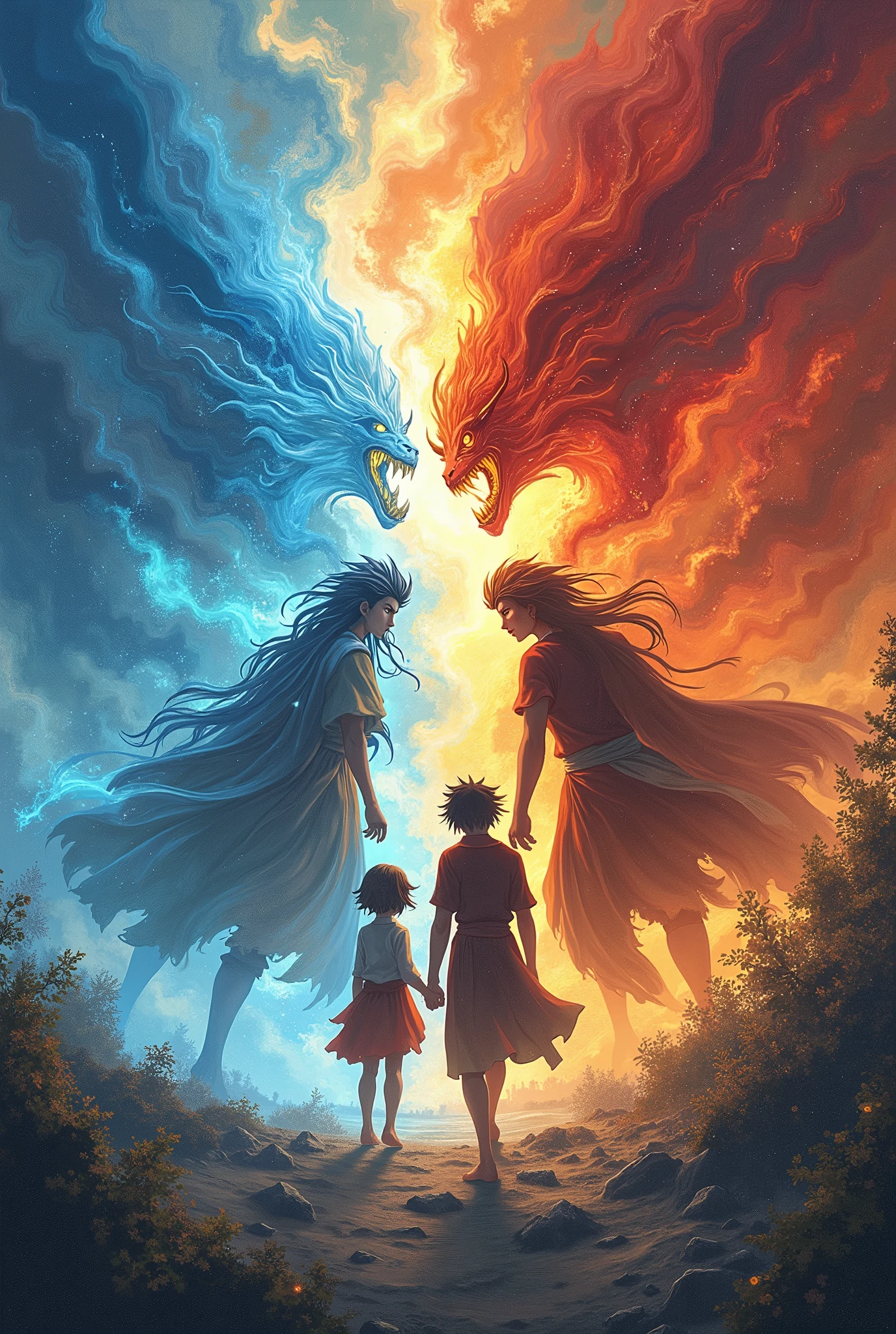 Draw me a picture of the following story We imagine nature, which must be in harmony, so that the earth remains healthy and people can live well. But there is the demon world, led by Naraku who has a problem with humans and wants to destroy them. The earth, however, knows how to protect itself and its sheep and passes on part of its power to four families. juice, Higurashi, Ishtar and Tanima - these are the family names. These four each control one element, Air, aquatic, Earth and Fire (stolen from Avatar) 🙈
This battle between the demons and the Guardians lasts for generations, up to the "today's generation: Yugi juice (breath), Kagome Higurashi, Ray Ishtar (Marik and Ishizu's ancestor) and Bakura Tanima.
First of all, very roughly.
The relationships of the four in detail, would be too much text now, so I'll try that roughly.
Kagome and Ray actually grow up together, However, they are separated by Kagome's parents, who want to hide their daughter after a terrible demon attack and therefore bring her to Kul Elna, zu den Tanimas also Bakura. So Kagome grows up with Bakura and the two become like siblings and best friends. Until they get older, about 15 years. Bakura is a womanizer and Kagome is always behind, that he is looking for someone sensible and not all the chicks. Someday someone will show up, who really does it to him and only then Kagome realizes her true feelings for him.
However, he ignores her and only has the girl on his mind.
Due to a letter from Ray, who asks Kagome to come home against her parents' wishes, because they are seriously ill and their grief, she decides to leave Kul Elna and her closest friend. She tries to tell him, but he only listens half-heartedly and does not understand at first.
Back home, Kagome is getting worse. Heartache, Lovesickness and Bakura also notices, what his best friend