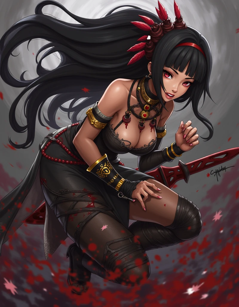 Create a anime style landscape image. Digital artwork featuring a fierce female warrior in a dynamic and intense pose. The subject has long, flowing black hair adorned with red and gold accessories, and her skin is a medium tone. Her facial expression is intense, with piercing eyes and a determined look. She is dressed in elaborate, tribal-inspired attire with numerous necklaces, bracelets, and other jewelry. Her outfit is predominantly dark with red accents, and she is holding a weapon, possibly a sword, with blood splatters visible on her arm and the weapon. The background is a mix of dark and light shades, with red splatters adding to the dramatic effect. The artist's signature, 'cypher_aiarts,' is visible on the right side of the image.