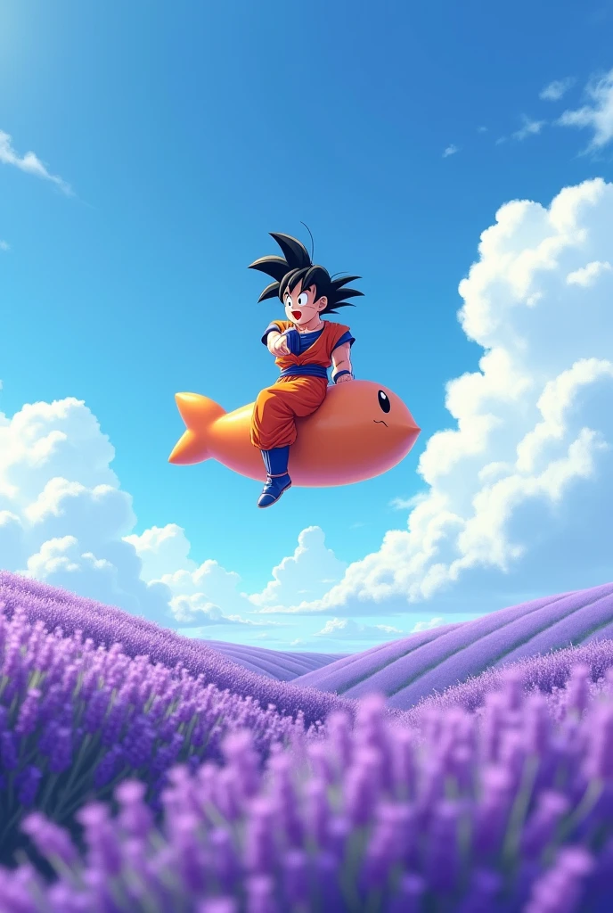 A lavender field with Goku on his orange flying cloud