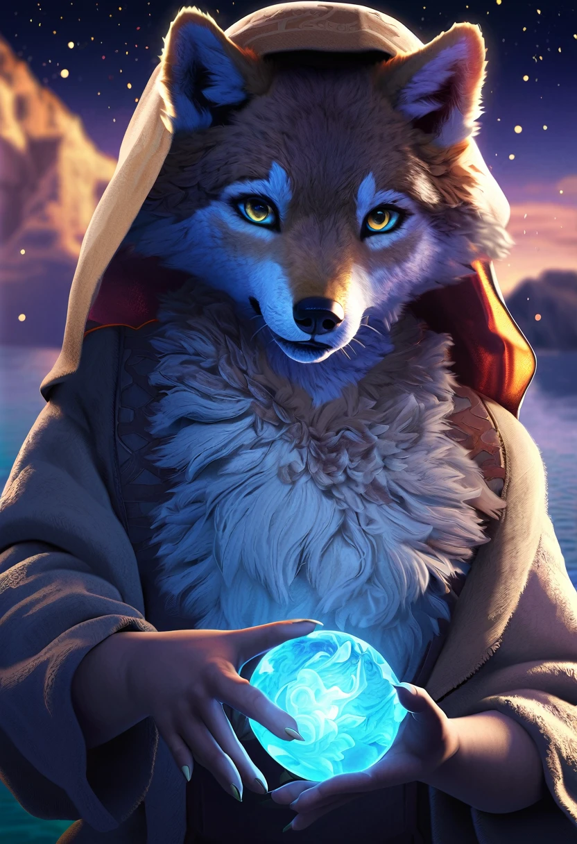 anime style, A ((young anthro wolf girl)), with ((translucent bioluminescent particles)), swirling around her, conjures a powerful (white glowing orb) through advanced magic. The twilight backdrop is set with a ((glowing water element)), emitting a soft, ethereal blue light. Stars dot the ((illuminated sky)), as gravity seems to reverse. Captured in 2160p resolution and 360fps, stunning detail and captivating depth. The young wolf girl's fur glistens with precision, the bioluminescent particles shimmer with lifelike texture