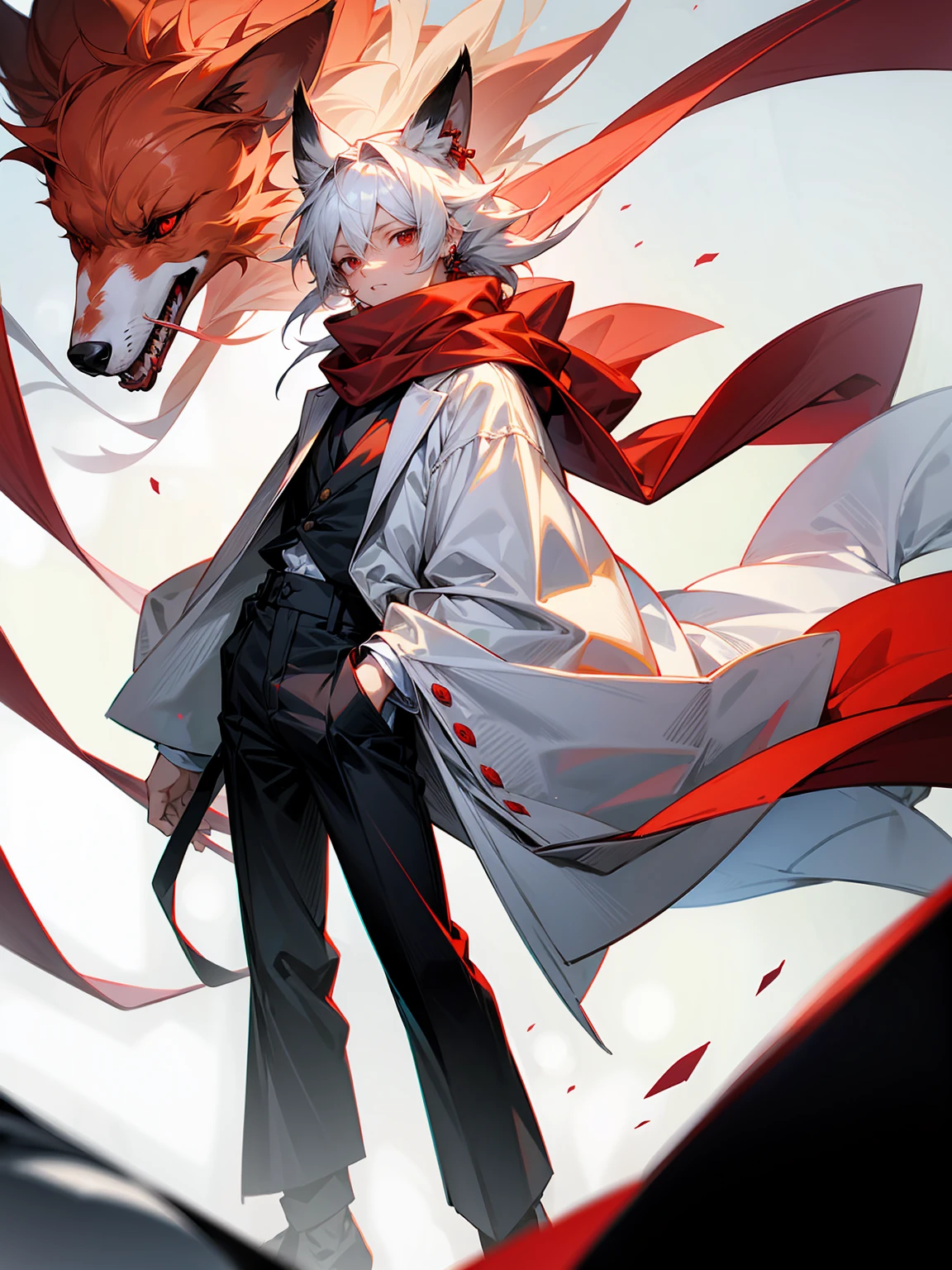 1male, Adult, Long White Hair, White Baggy Long Sleeve Shirt, Baggy Black Pants, Red Eyes, Red Scarf, Earring, Masculine, Beast, Dog Ears