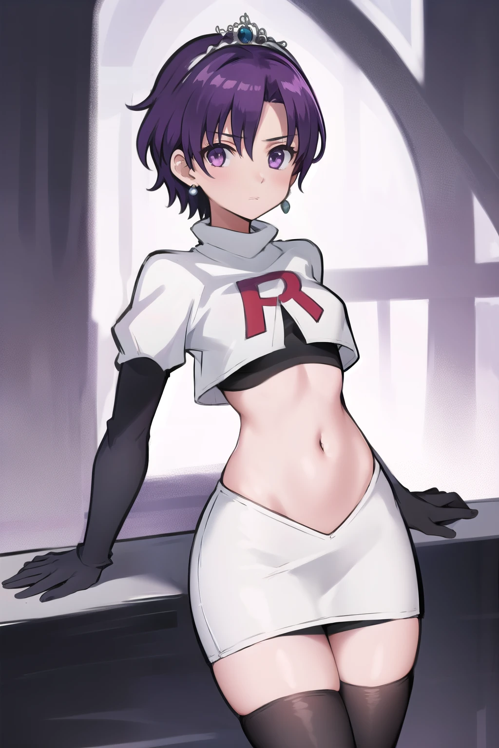 best quality, (masterpiece:1.2), illustration, absurdres,
(1girl, solo), (beautiful detailed girl),
Klaudia von Auslese, purple_hair, short_hair, purple_eyes, small_breasts, timid, (shy:0.8),
jewelry, earrings, silver tiara, team rocket,team rocket uniform,white skirt,red letter R,crop top,black thigh-highs,black elbow gloves, looking at viewer,