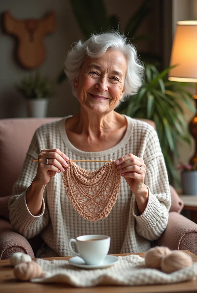 Image of a smiling woman showing her crochet knitting at home