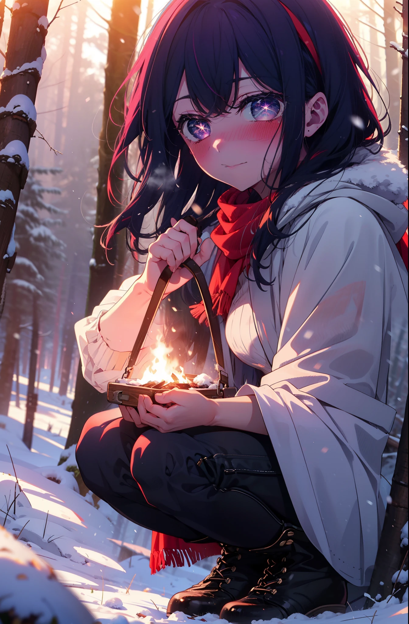 aihoshino, Ai Hoshino, Long Hair, bangs, (Purple eyes:1.1), Purple Hair, (Symbol-shaped pupil:1.5), smile,,smile,blush,white breath,
Open your mouth,snow,Ground bonfire, Outdoor, boots, snowing, From the side, wood, suitcase, Cape, Blurred, , forest, White handbag, nature, Squat, Mouth closed, Cape, winter, Written boundary depth, Black shoes, red Cape break looking at viewer, Upper Body, whole body, break Outdoor, forest, nature, break (masterpiece:1.2), Highest quality, High resolution, unity 8k wallpaper, (shape:0.8), (Beautiful and beautiful eyes:1.6), Highly detailed face, Perfect lighting, Highly detailed CG, (Perfect hands, Perfect Anatomy),