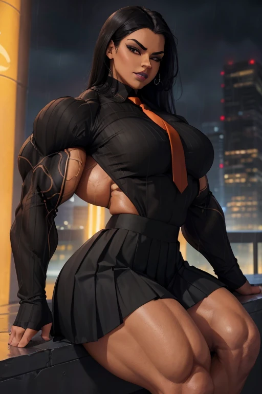 ((Close-up)), tall, (black hair) beautiful muscular woman, long straight hair, light brown skinned, closed smile, (black lipstick), (massive muscles), (hyper muscle), (ginormous bulky muscles), orange eyes, ((long sleeve black pleated shirt)), ((long black pleated skirt)), (sitting on a ledge), necktie, boots, (on a raining rooftop),
