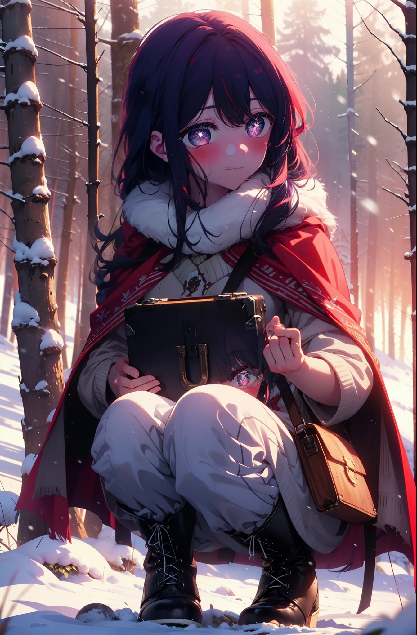 aihoshino, Ai Hoshino, Long Hair, bangs, (Purple eyes:1.1), Purple Hair, (Symbol-shaped pupil:1.5), smile,,smile,blush,white breath,
Open your mouth,snow,Ground bonfire, Outdoor, boots, snowing, From the side, wood, suitcase, Cape, Blurred, , forest, White handbag, nature, Squat, Mouth closed, Cape, winter, Written boundary depth, Black shoes, red Cape break looking at viewer, Upper Body, whole body, break Outdoor, forest, nature, break (masterpiece:1.2), Highest quality, High resolution, unity 8k wallpaper, (shape:0.8), (Beautiful and beautiful eyes:1.6), Highly detailed face, Perfect lighting, Highly detailed CG, (Perfect hands, Perfect Anatomy),