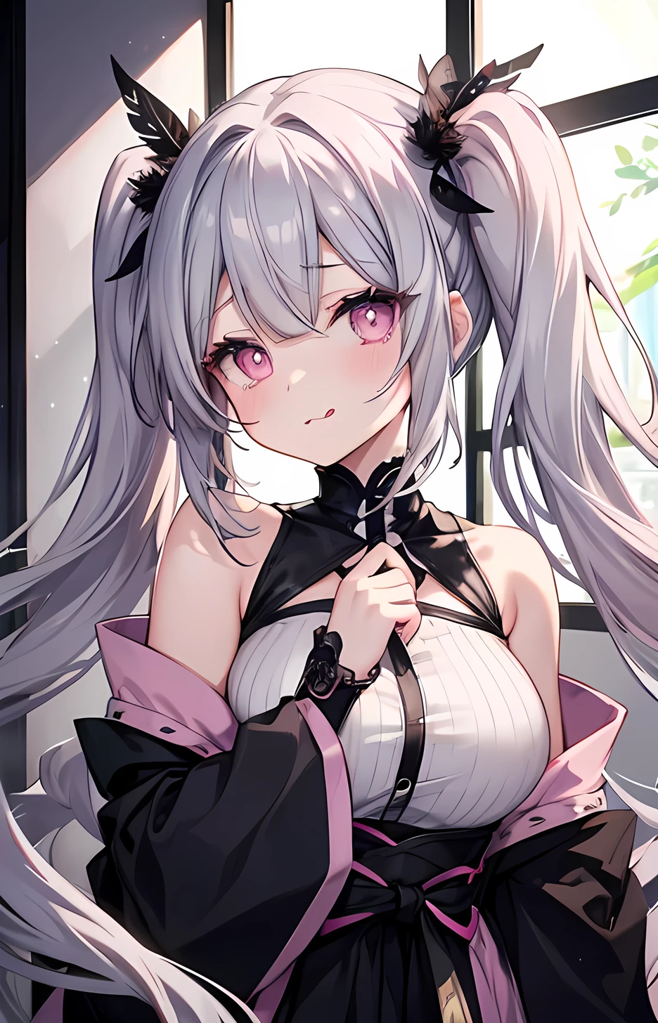 Masterpiece, Best Quality, High Resolution, Cat Ears Girl, Ponytail, Pink Eyes, Hair Between Eyes, Bangs, Silver Hair, Clavicle, Halter Neck, Breasts, Very Long Hair, Small, School Swimsuit