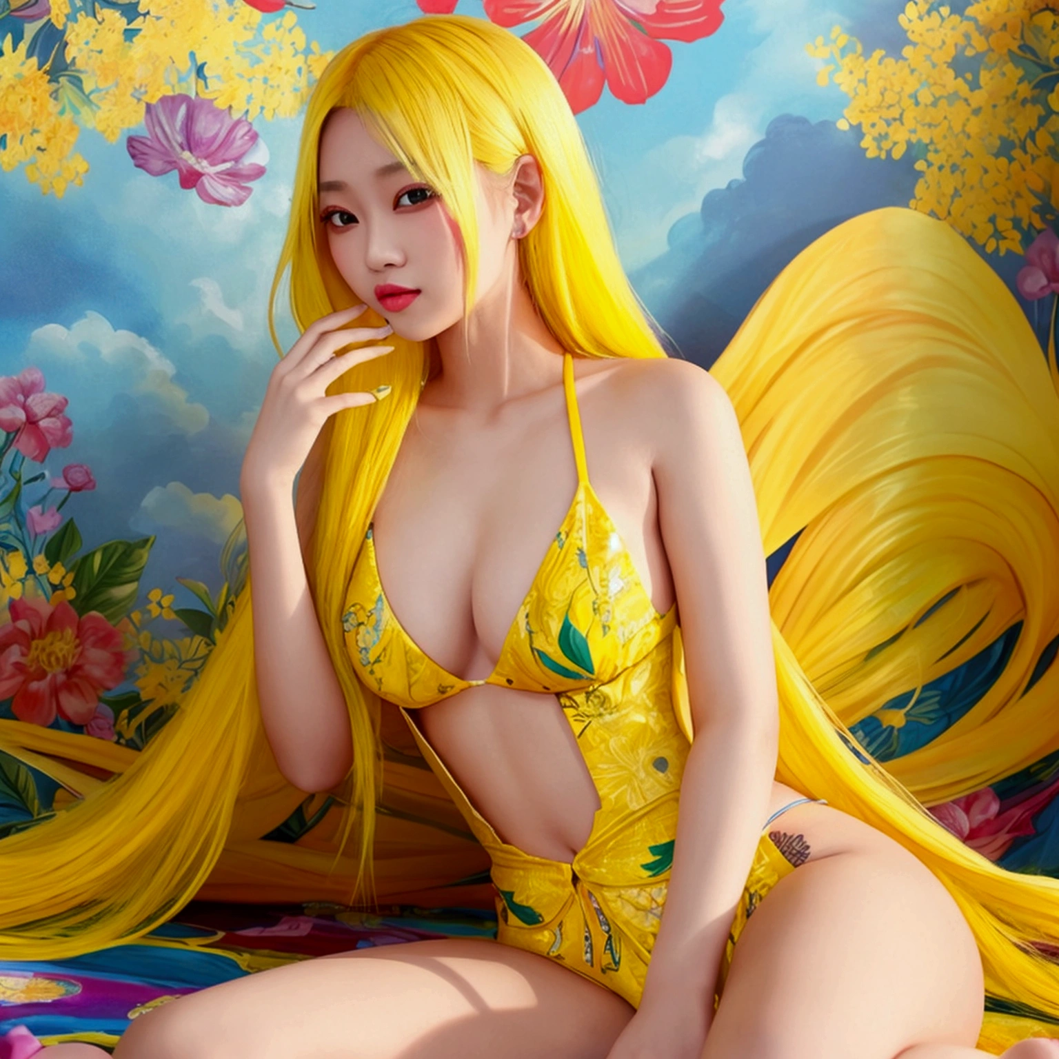A stunning Asian girl with yellow hair strikes a seductive pose. She’s surrounded by a breathtakingly colorful backdrop, filled with vivid hues and beautiful, artistic details that create a mesmerizing and enchanting environment.