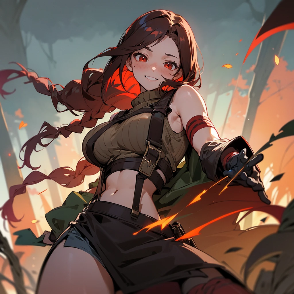 1female, sexy, big breast, young adult, finely detailed red eyes, wild long hair, braided hair, dark brown color hair, adventurer gear, suspenders, sleeveless crop top sweater, combat skirt, night time, dark forest, happy expression, flowers, blushing, standing on path, lanturns, black armband, mma gloves