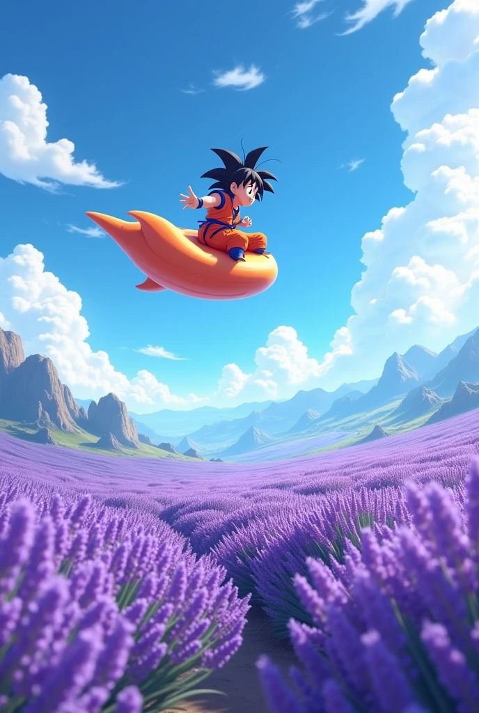 A lavender field with Goku on his orange flying cloud 