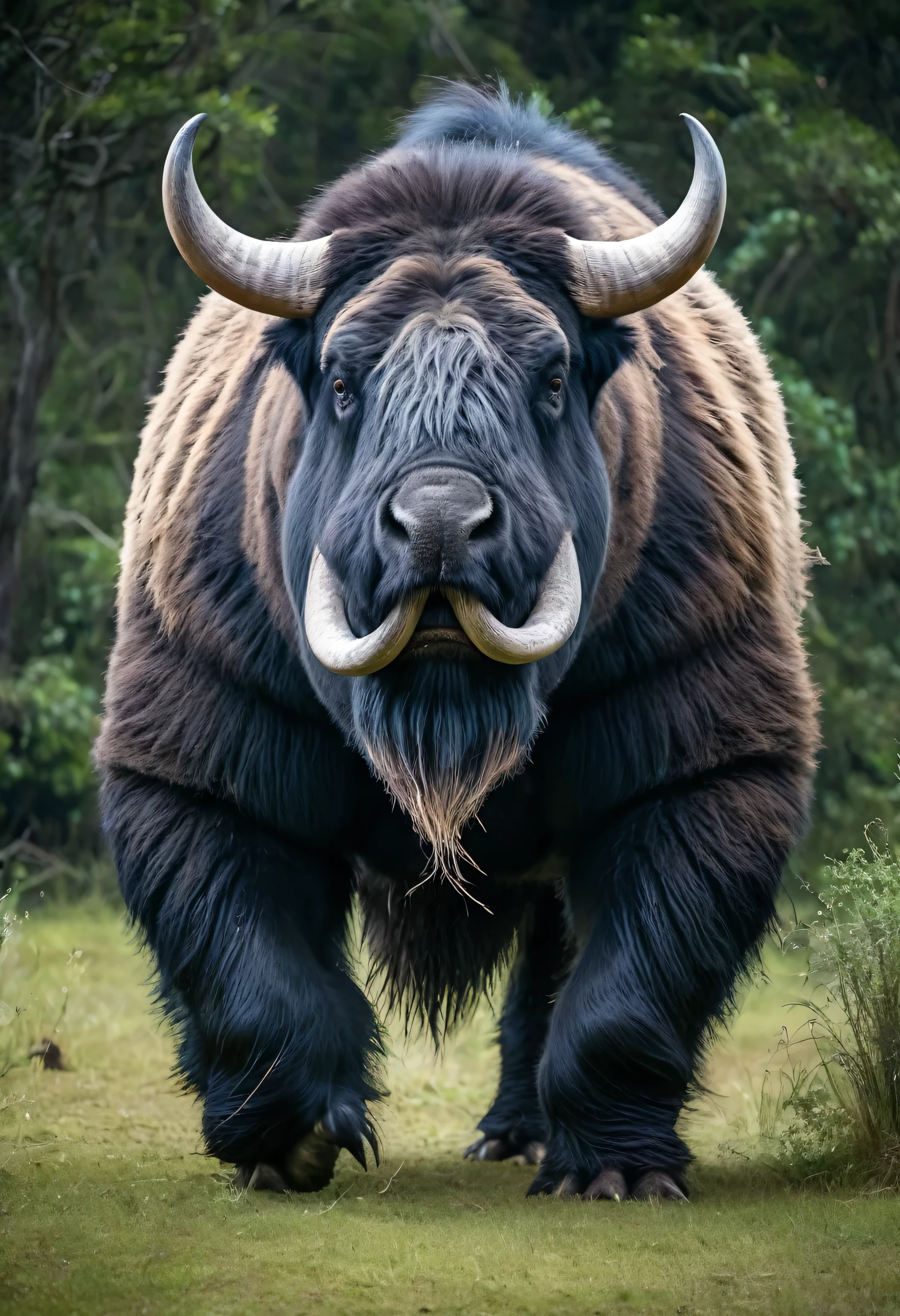 A Cow like monster with thick fur and massive downward facing tusks