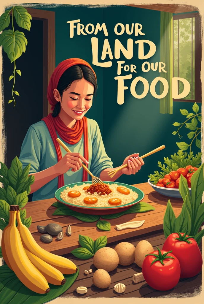 Poster with the theme of local food Siantar/North Sumatra with some word "From our land, for Our Food"
(With a 1 people eat food or fruit, like banana, potato anything, have some vegetable ) with background home